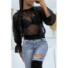 Blouse noire en tulle et dentelle à volant col fraise