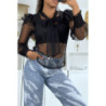 Blouse noire en tulle transparente, motif plumetis