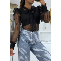 Blouse noire en tulle transparente, motif plumetis