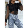 Blouse noire en tulle transparente, motif plumetis
