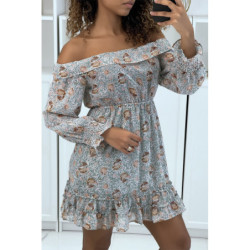 Robe patineuse fleurie verte à manches tombantes