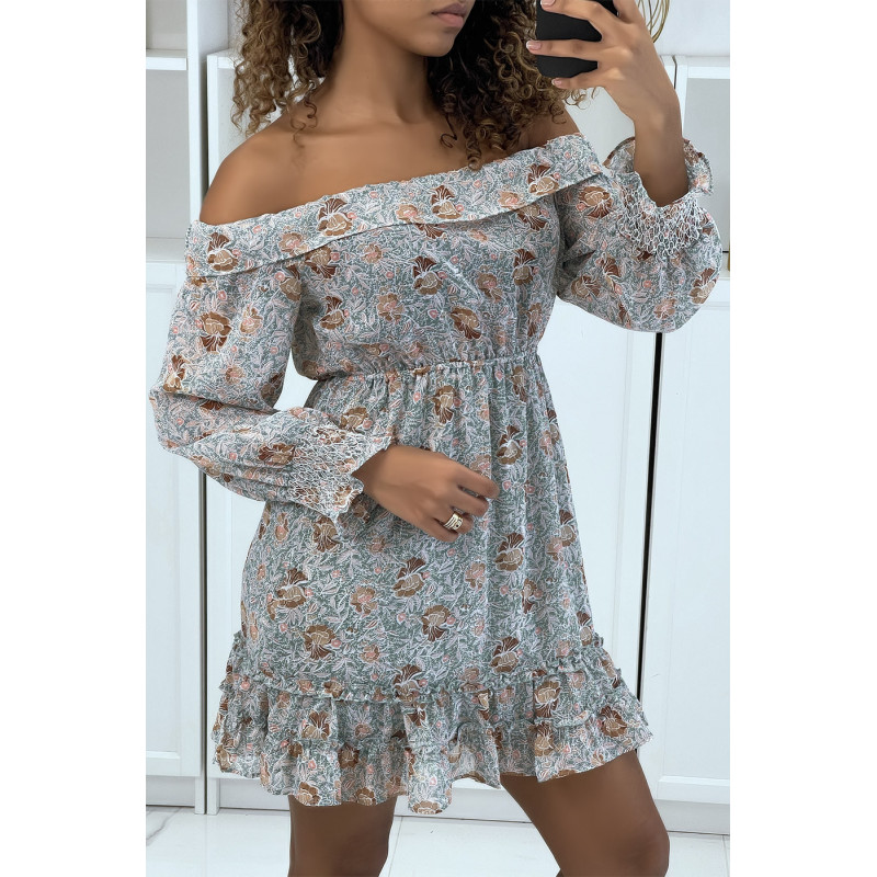 Robe patineuse fleurie verte à manches tombantes