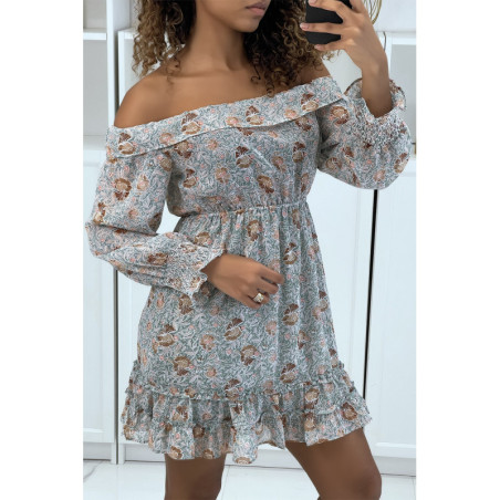 Robe patineuse fleurie verte à manches tombantes