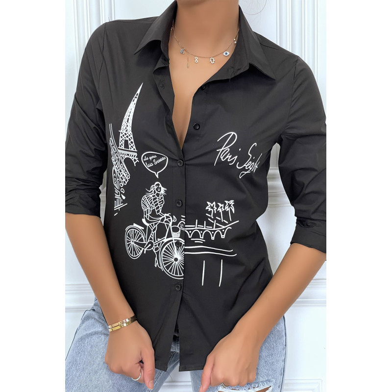 Chemise noire cintrée avec illustration Paris
