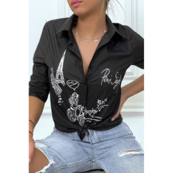 Chemise noire cintrée avec illustration Paris