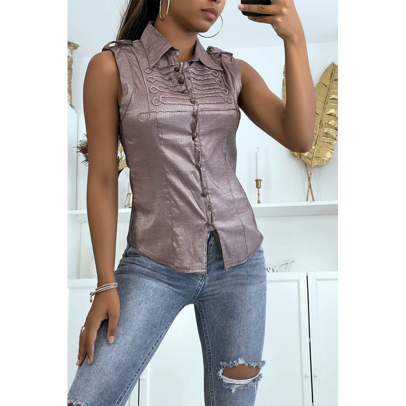 Chemise taupe sans manches avec détails brodés style officier 8047