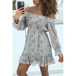 Robe patineuse fleurie verte à manches tombantes