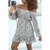 Robe patineuse fleurie verte à manches tombantes