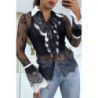 Chemise en dentelle noire avec col et volant blanc