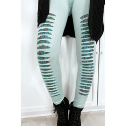 Legging vert d'eau effilé à l'avant et doublé en dentelle