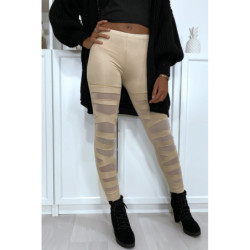 Legging beige avec joli motif coupé et doublé en résille