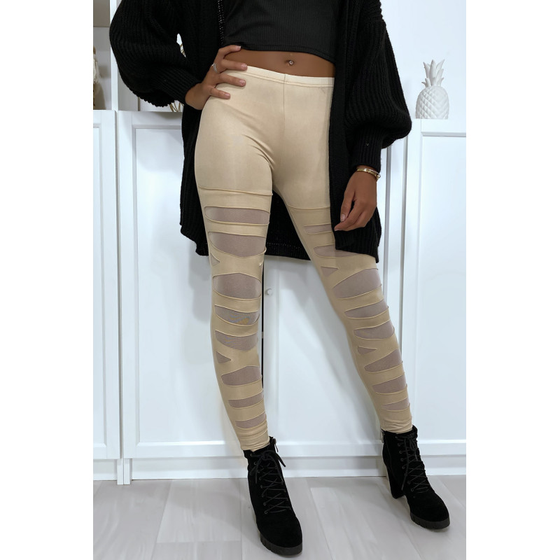 Legging beige avec joli motif coupé et doublé en résille