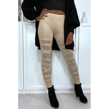 Legging beige avec joli motif coupé et doublé en résille