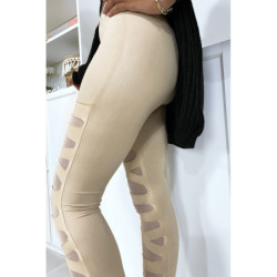 Legging beige avec joli motif coupé et doublé en résille