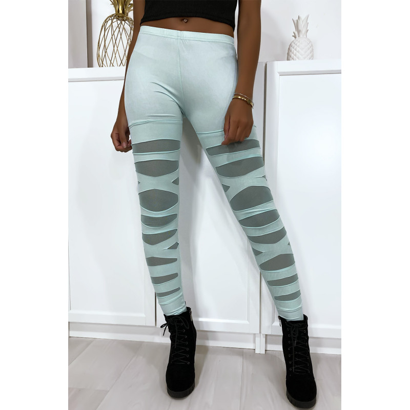 Legging vert d'eau avec joli motif coupé et doublé en résille
