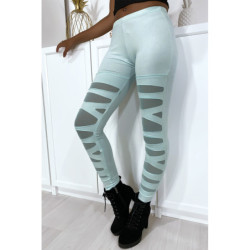 Legging vert d'eau avec joli motif coupé et doublé en résille