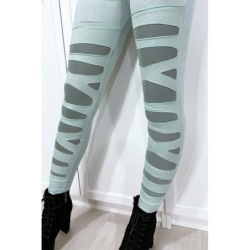 Legging vert d'eau avec joli motif coupé et doublé en résille