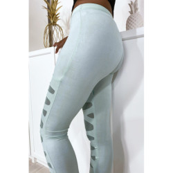 Legging vert d'eau avec joli motif coupé et doublé en résille