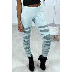 Legging vert d'eau avec joli motif coupé et doublé en résille