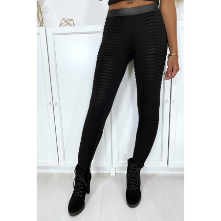 Legging jacquard noir transparent à l'avant et simili à l'arrière