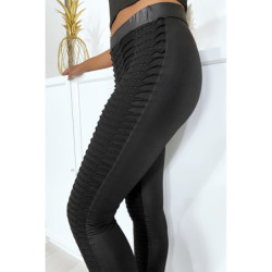 Legging jacquard noir transparent à l'avant et simili à l'arrière