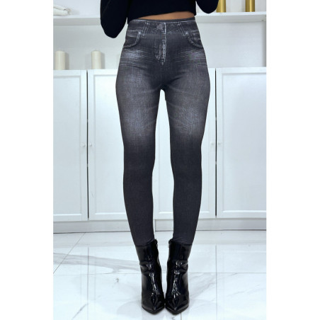 Legging noir taille haute et molletonné motif jean délavé