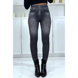 Legging noir taille haute et molletonné motif jean délavé