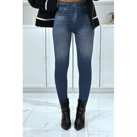 Legging bleu taille haute et molletonné motif jean délavé
