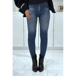 Legging bleu taille haute et molletonné motif jean délavé