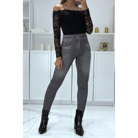 Legging noir taille haute et molletonné motif jean délavé