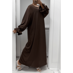 Longue abaya marron froncé aux manches