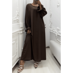 Longue abaya marron froncé aux manches