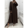 Longue abaya marron froncé aux manches
