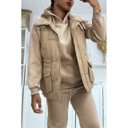 Ensemble 3 pièces doudoune sans manche sweat et jogging très épais en taupe
