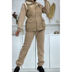 Ensemble 3 pièces doudoune sans manche sweat et jogging très épais en taupe