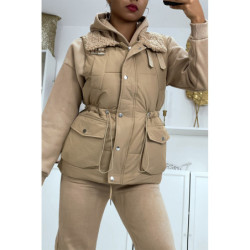Ensemble 3 pièces doudoune sans manche sweat et jogging très épais en taupe