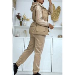 Ensemble 3 pièces doudoune sans manche sweat et jogging très épais en taupe