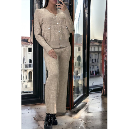 Ensemble taupe gilet et pantalon palazzo en jaquard très extensible