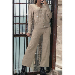 Ensemble taupe gilet et pantalon palazzo en jaquard très extensible