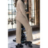 Ensemble taupe gilet et pantalon palazzo en jaquard très extensible