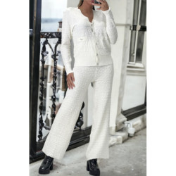 Ensemble blanc gilet et pantalon palazzo en jaquard très extensible