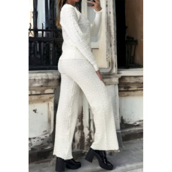 Ensemble blanc gilet et pantalon palazzo en jaquard très extensible