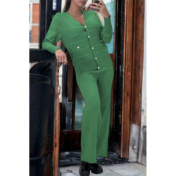 Ensemble vert gilet et pantalon palazzo en jaquard très extensible