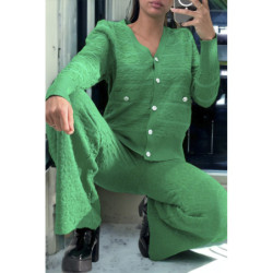 Ensemble vert gilet et pantalon palazzo en jaquard très extensible