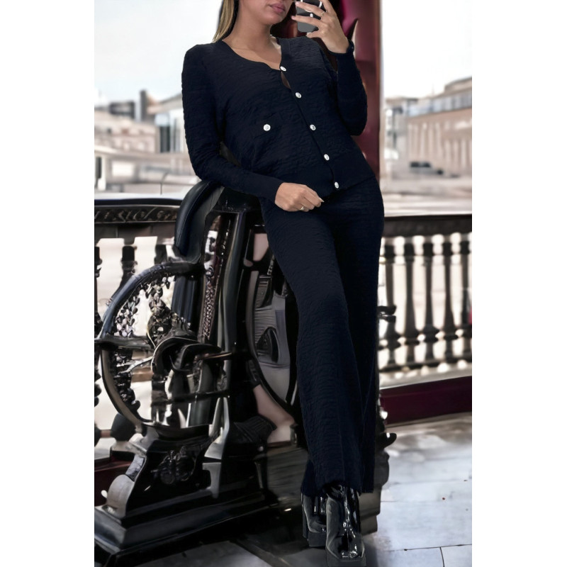 Ensemble noir gilet et pantalon palazzo en jaquard très extensible