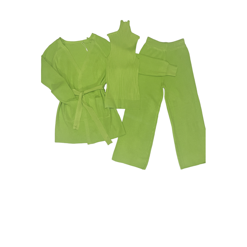 Ensemble 3 pièces gilet débardeur et pantalon palazzo anis