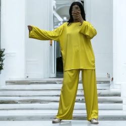 Ensemble tunique et pantalon léger jaune en maille côtelé extensible printemps été