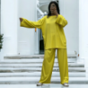 Ensemble tunique et pantalon léger jaune en maille côtelé extensible printemps été