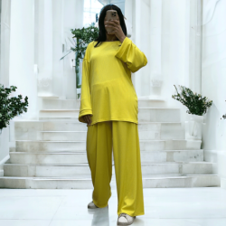 Ensemble tunique et pantalon léger jaune en maille côtelé extensible printemps été