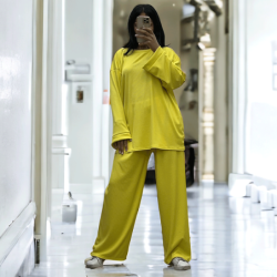 Ensemble tunique et pantalon léger jaune en maille côtelé extensible printemps été
